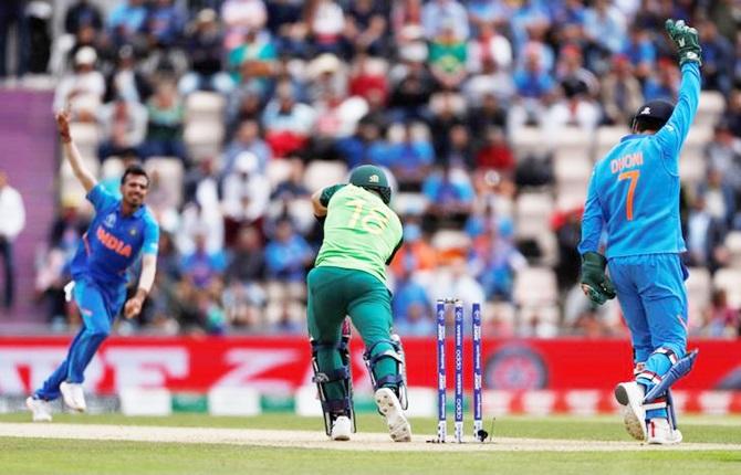 Yuzvendra Chahal celebrates having Faf du Plessis bowled. Photograph: Paul Childs/Reuters