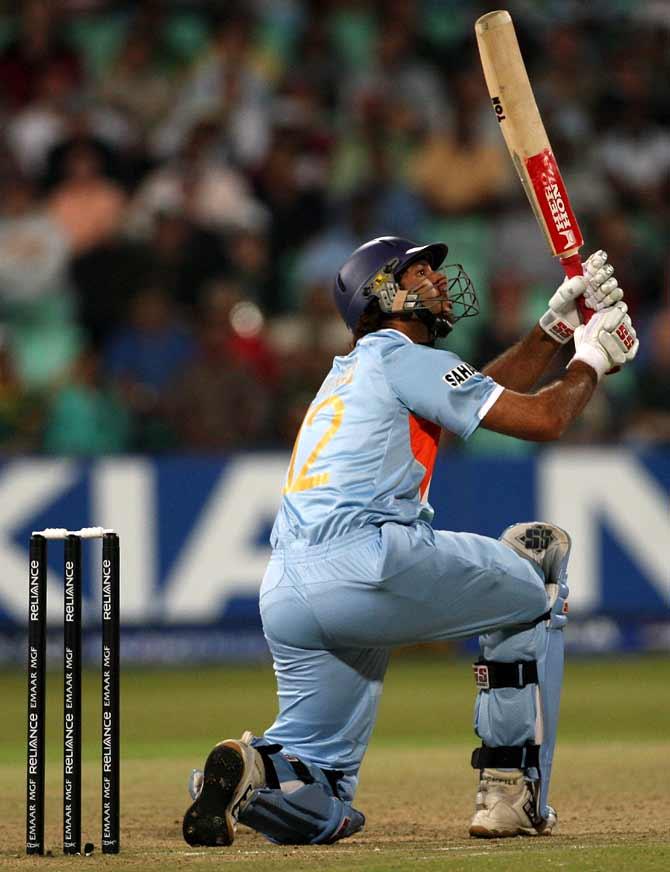 Yuvraj Singh hit six sixes in a single over off Stuart Broad during the ICC Twenty20 World Championship Super Eights game against England in Durban, September 19, 2007