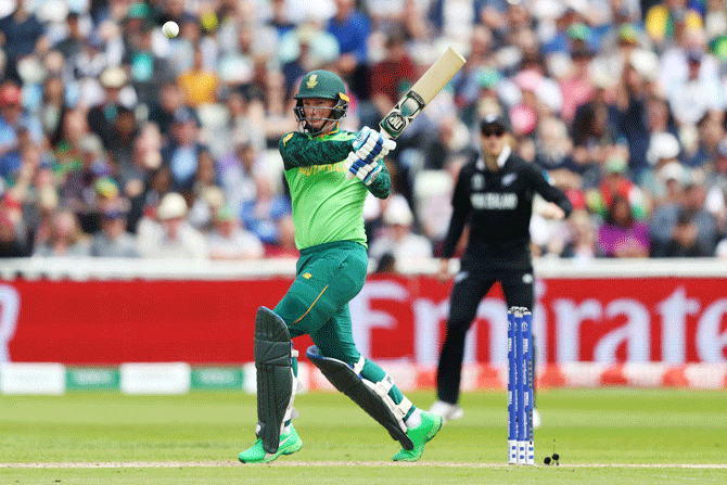 South Africa's Rassie van der Dussen plays a pull shot en route his unbeaten 67 off 64 balls that gave the South Africans a respectable total to defend