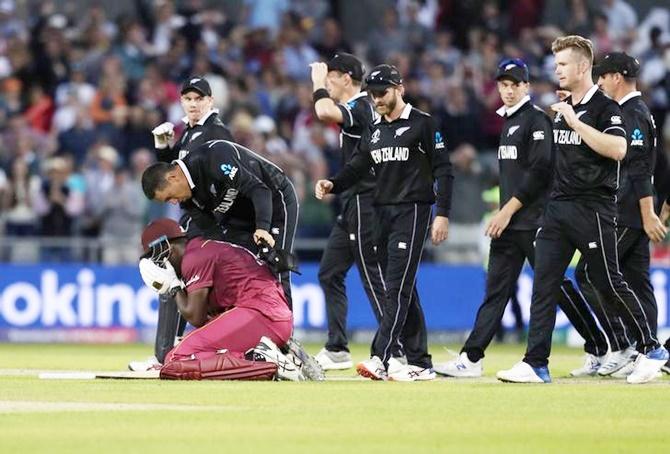 Carlos Brathwait reacts after losing his wicket