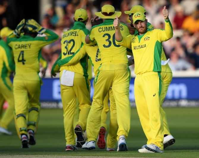 Australia skipper Aaron Finch celebrates their win over New Zealand at Lord's on Saturday