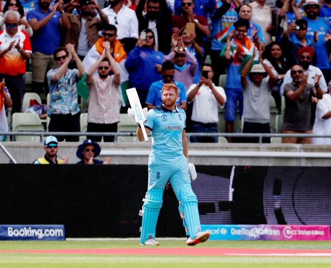 England opener Jonny Bairstow celebrates on completing his century against India at Edgbaston in Birmingham, on Sunday