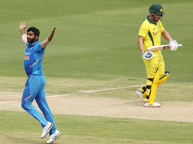  India's Jasprit Bumrah celebrates after dismissing Australia's Aaron Finch