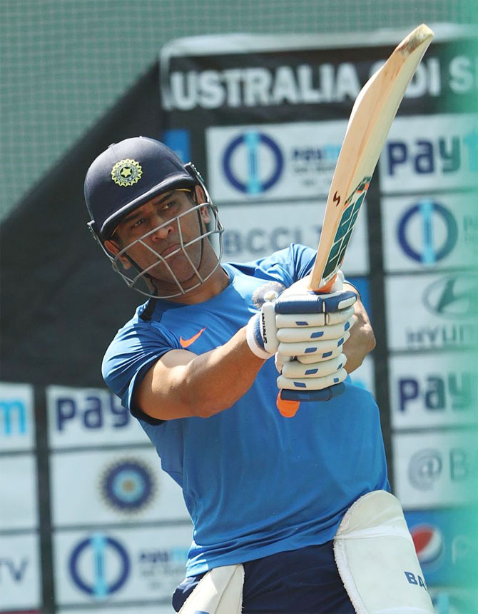 Mahendra Singh Dhoni bats in the nets