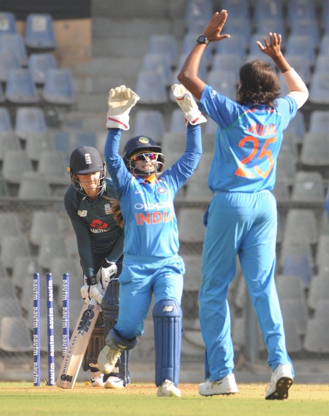 Jhulan Goswami celebrates after castling an England batter