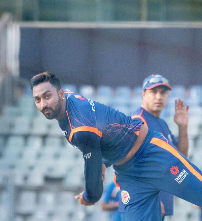 Mumbai Indians' Krunal Pandya during a training session at the Wankhede Stadium in Mumbai on Sunday