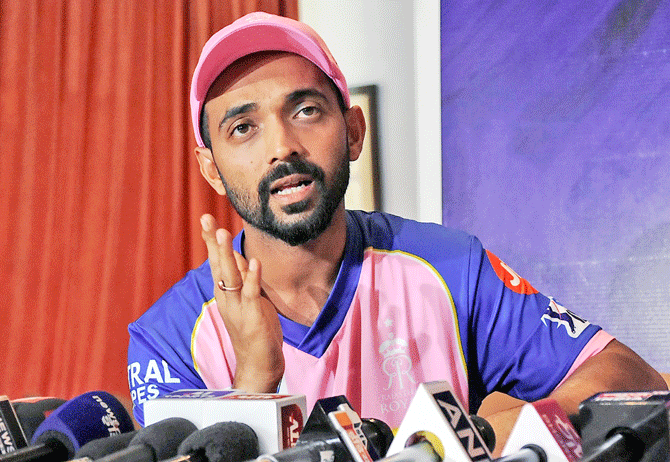 Rajasthan Royals' captain Ajinkya Rahane speaks at a press conference in Jaipur on Tuesday