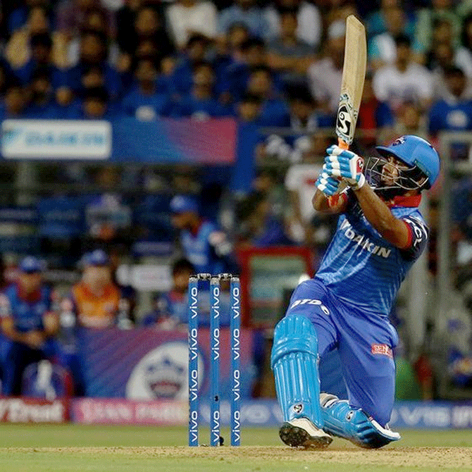 Delhi Capitals' Rishabh Pant gets inventive during his blazing innings of 78 not out off 27 deliveries in the Indian Premier League match against Mumbai Indians at the Wankhede Stadium in Mumbai on Sunday, March 24