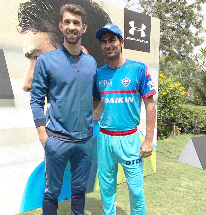 Delhi Capitals' assistant coach Mohammad Kaif with Michael Phelps
