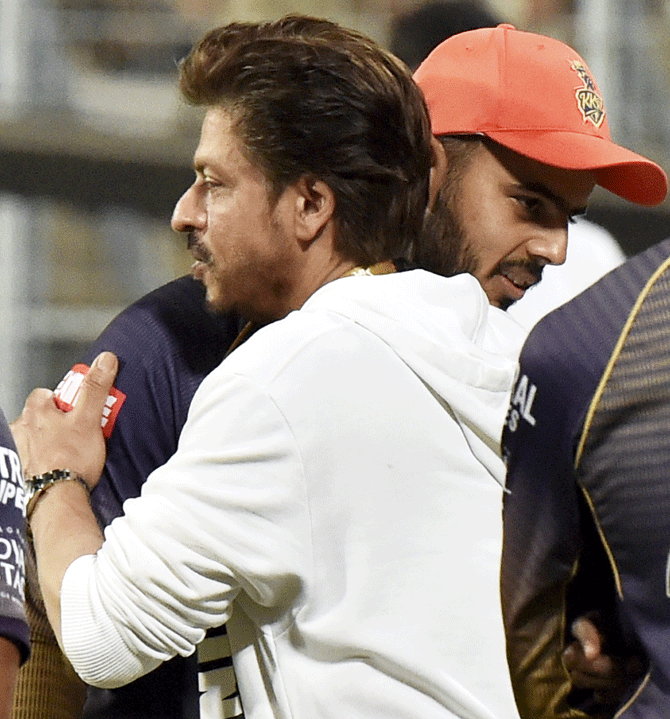 Shah Rukh Khan hugs KKR's Nitish Rana after their victory over Kings XI Punjab on Wednesday