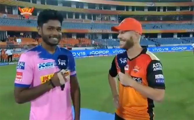 Rajasthan Royals' Sanju Samson and Sunrisers Hyderabad's David Warner chat after their Indian Premier League match on Friday