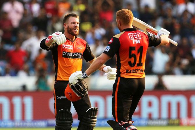 Sunrisers stars David Warner and Jonny Bairstow celebrate the Englishman's century against the Royal Challengers Bangalore in Hyderabad, March 31, 2019. Photograph: IPL/Twitter