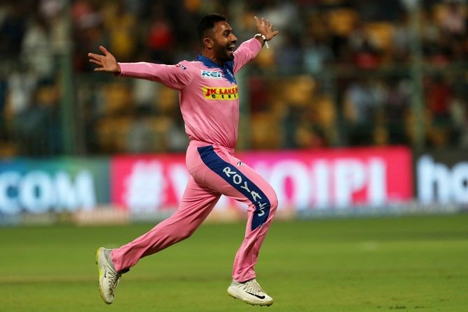 Rajasthan Royals' Shreyas Gopal celebrates after dismissing Royal Challengers Bangalore's Marcus Stoinis and completing a hat-trick