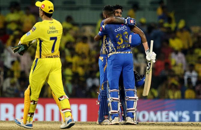 Suryakumar Yadav and Hardik Pandya celebrate after clinching victory