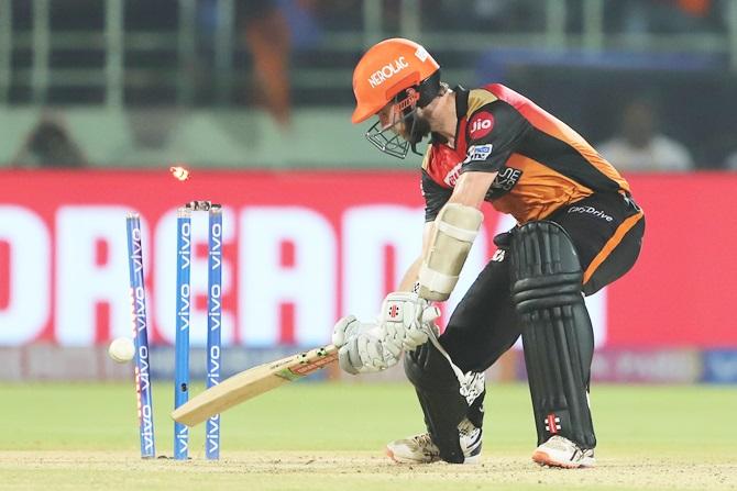 Sunrisers Hyderabad captain Kane Williamson is bowled by Ishant Sharma.