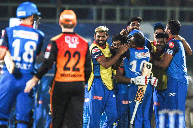 Delhi Capitals players celebrate after their two-wicket win over Sunrisers Hyderabad on Wednesday