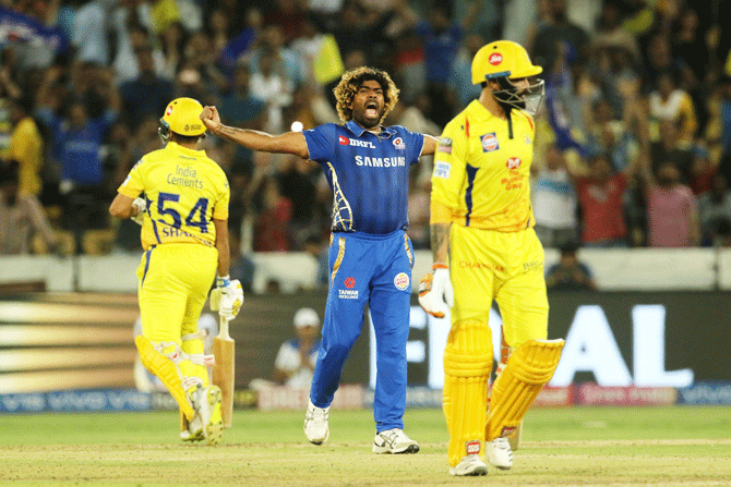 Mumbai Indians' Lasith Malinga celebrates after trapping CSK's Shardul Thakur LBW off the last ball of the innings and win the match by 1 run