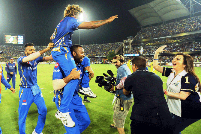 Nita Ambani celebrates with Lasith Malinga and the team