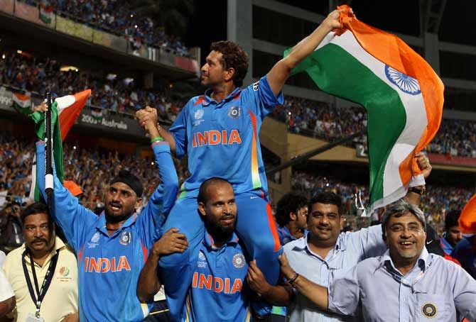 Sachin Tendulkar is carried by his teammates after winning the 2011 World Cup in Mumbai on April 21, 2011