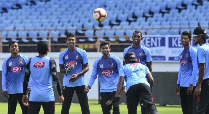 Bangladesh players during a practice session at Saurashtra Cricket Association Stadium in Rajkot on Wednesday