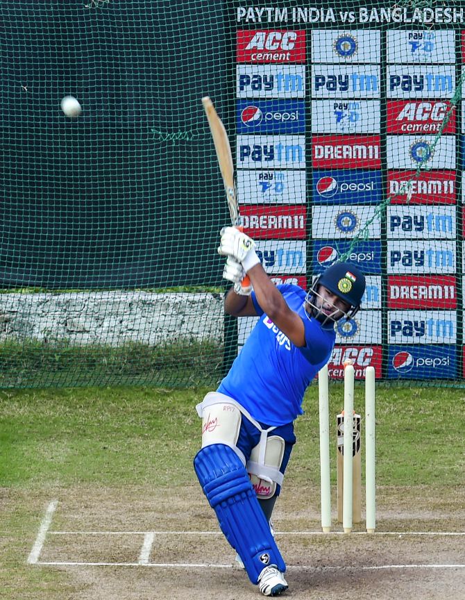 India's Rishabh Pant during a practice session on the eve of the second T20 match against Bangladesh, at Saurashtra Cricket Association Stadium in Rajkot, Wednesday