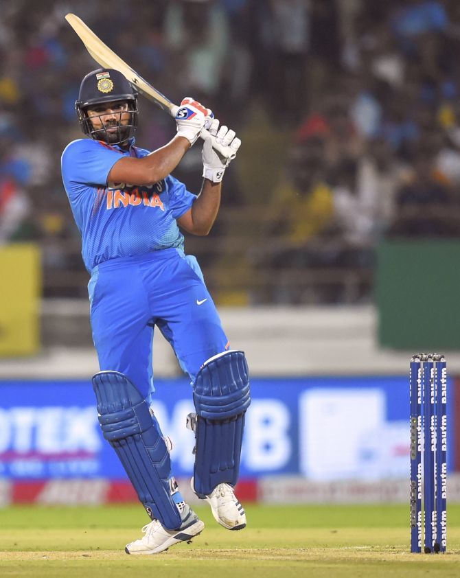Rohit Sharma plays a shot during his whirlwind knock of 85 in the 2nd T20I against Bangladesh in Rajkot on Thursday