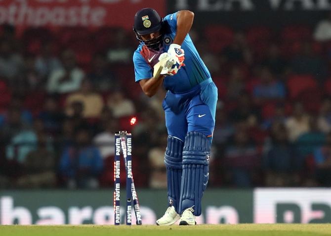 India opener Rohit Sharma is bowled by Shafiul Islam