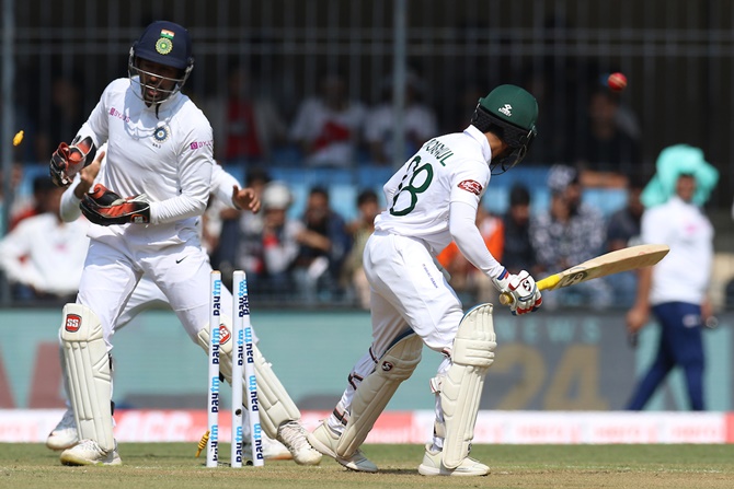 Mominul Haque is bowled by Ravichandran Ashwin.