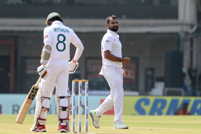 Mohammed Shami reacts after trapping Mohammad Mithun leg before wicket. 