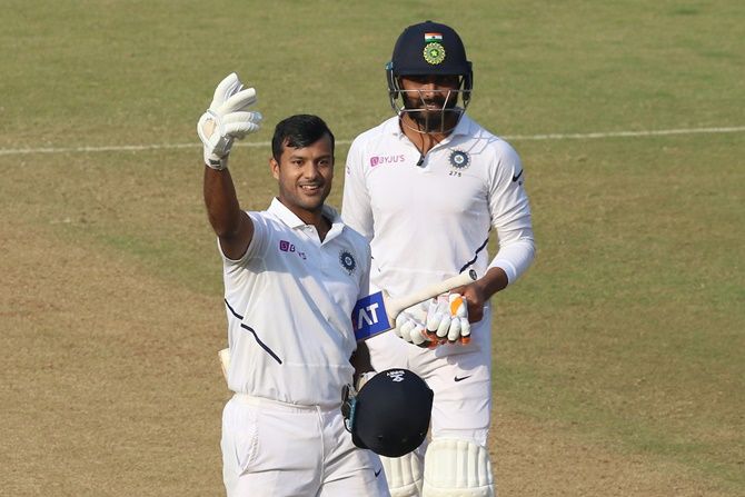 Mayank Agarwal celebrates after registering his second double hundred on Friday, Day 2 of the first Test against Bangladesh in Indore.