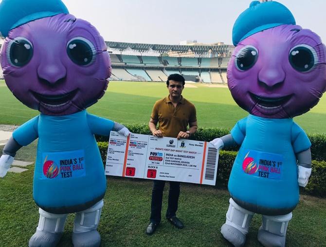 BCCI chief Sourav Ganguly with pink ball Test mascots, Pinku Tinku in Kolkata