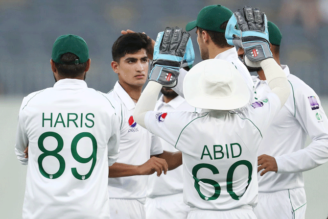 Pakistan's Naseem Shah celebrates the dismissal Australia's Marcus Harris. After missing a day of the tour game against Australia A while on compassionate leave, he returned to the side and bowled eight overs, dismissing Test opener Marcus Harris with a brutal, rising delivery