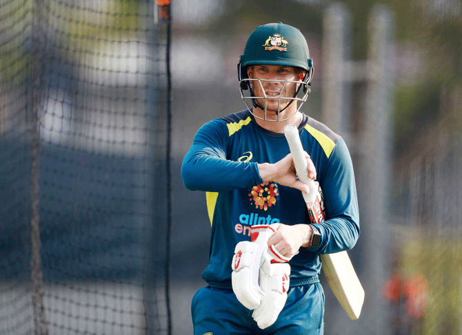 Australia's David Warner at a nets session during at The Gabba on Tuesday. Warner's form, in contrast to that of Steve Smith, has been nothing to write home about in Test matches since the pair returned from one-year bans for their roles in the 2018 ball-tampering scandal