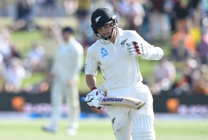 New Zealand's BJ Watling celebrates after completing his century in the first Test against England
