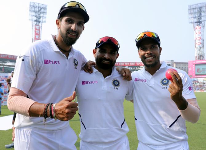 India's pacers Ishant Sharma, Mohammed Shami and Umesh Yadav took 19 wickets in the Kolkata day-night Test. Photograph: BCCI