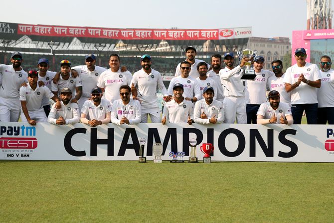 The Indian team after beating Bangladesh 2-0. Photograph: BCCI