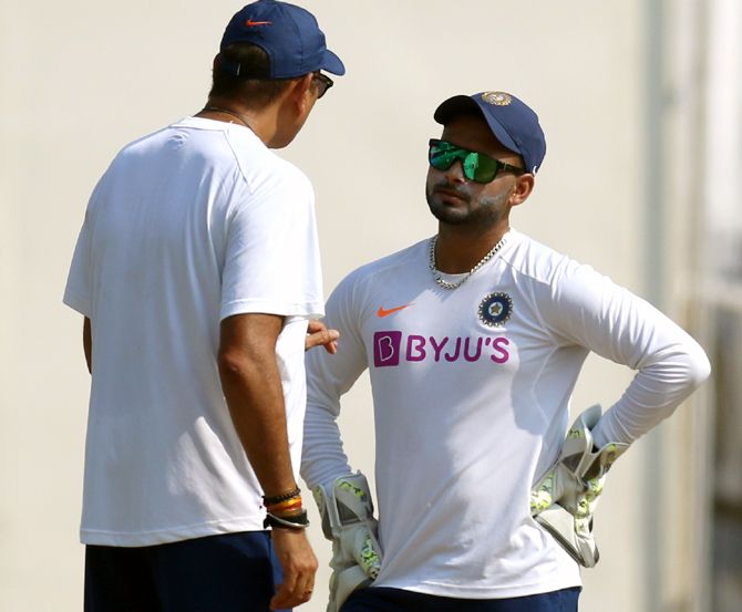 India head coach Ravi Shastri speaks to Rishabh Pant during a nets session