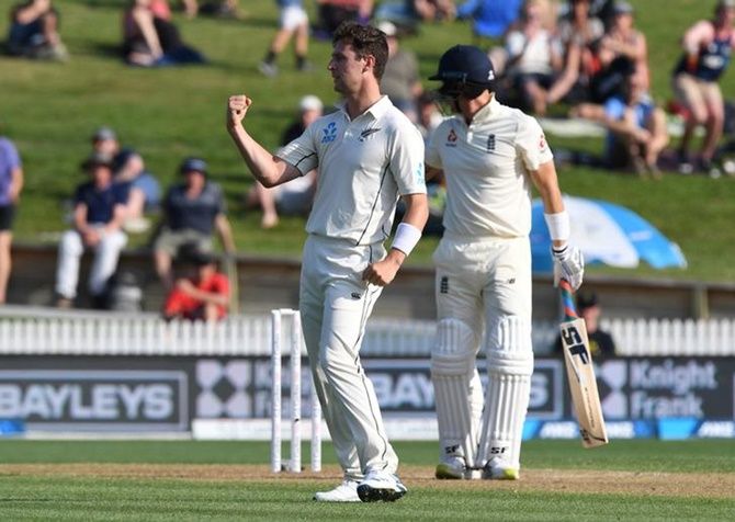 New Zealand's Matt Henry celebrates the wicket of England's Joe Denly on Saturday,  Day 2 of the second Test
