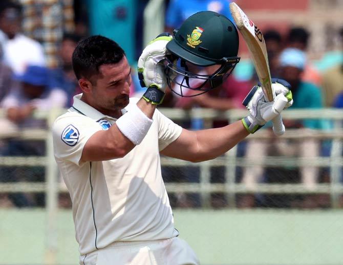 Dean Elgar celebrates after his hundred