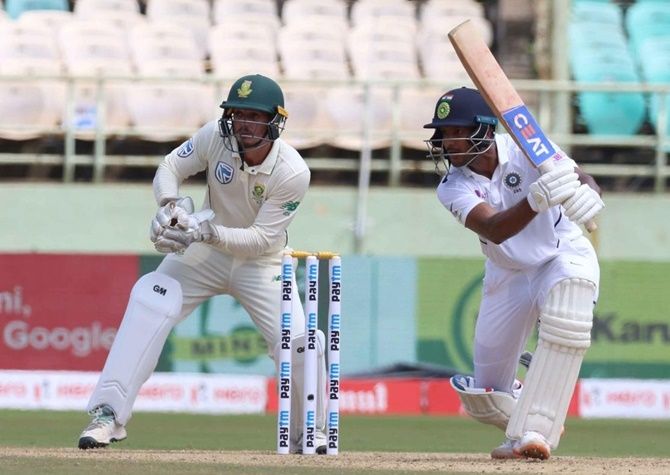 India opener Mayank Agarwal bats during Day 1 of the first Test against South Africa, at the ACA-VDCA Stadium, Visakhapatnam