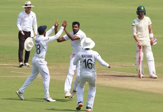 Ravichandran Ashwin celebrates after dismissing Quinton de Kock