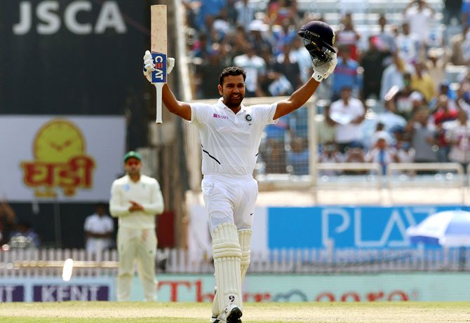 A delighted Rohit Sharma after completing his double century