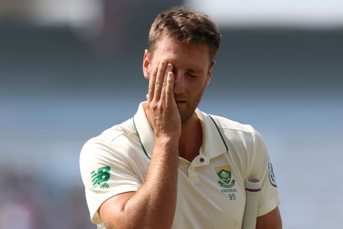 Theunis de Bruyn, who came in as the concussion substitute for Dean Elgar, was caught behind by wicketkeeper Saha for 30 and Lungi Ngidi was caught and bowled by Nadeem after his lofted straight shot hit non-striker Anrich Nortje and went straight to the bowler.