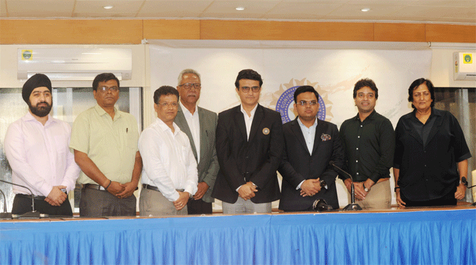 BCCI chief Sourav Ganguly with Secretary, Jay Shah, Treasurer,  Arun Singh Dhumal, Vice-President, Mahim Verma, Joint Secretary, Jayesh George