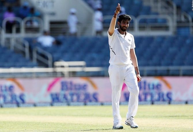 Jasprit Bumrah celebrates after taking his fifth wicket on Saturday, on Day 2 of the second Test against the West Indies