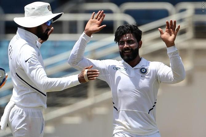 Ravindra Jadeja celebrates in vain as the dismissal of Shamarh Brooks is overturned for overstepping