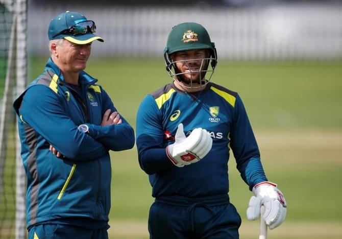 David Warner and former Australia captain Steve Waugh during nets ahead of the Lord's Test.