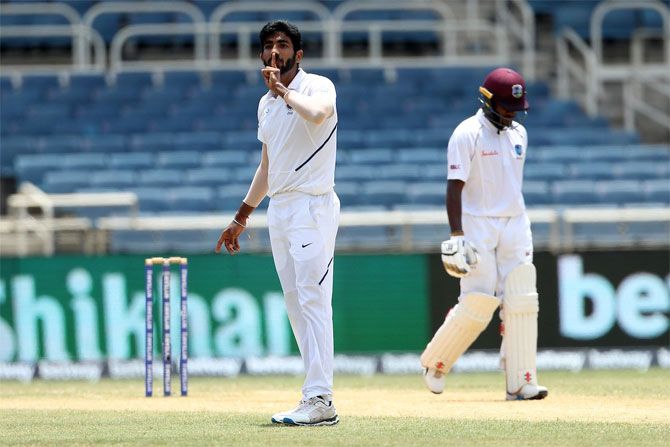 Jasprit Bumrah has a message for someone in the stands after dismissing Jermaine Blackwood
