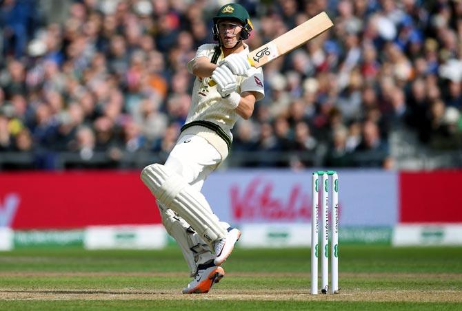 Marnus Labuschagne hits a boundary during his 116-run stand with Steve Smith