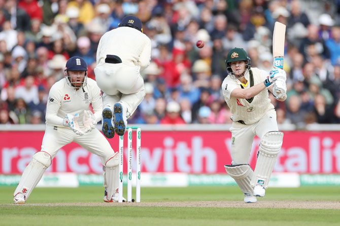 Steve Smith drives during his knock of 60 on Day 1 of the 4th Ashes Test at Old Trafford on Wednesday